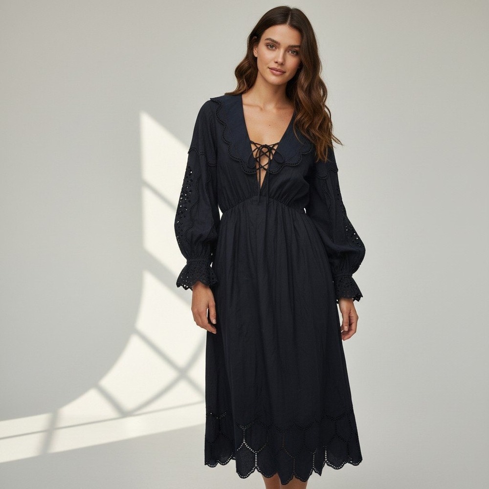 La Ligne Black Eyelet Cotton Midi Dress Lace Up V-Neck Ruffle Collar Size 4